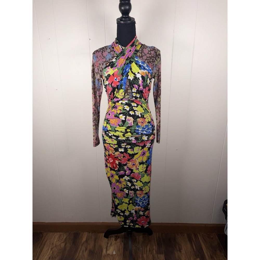 Anthropologie Mesh Halter Mock-Neck Dress colorful floral bodycon midi XS